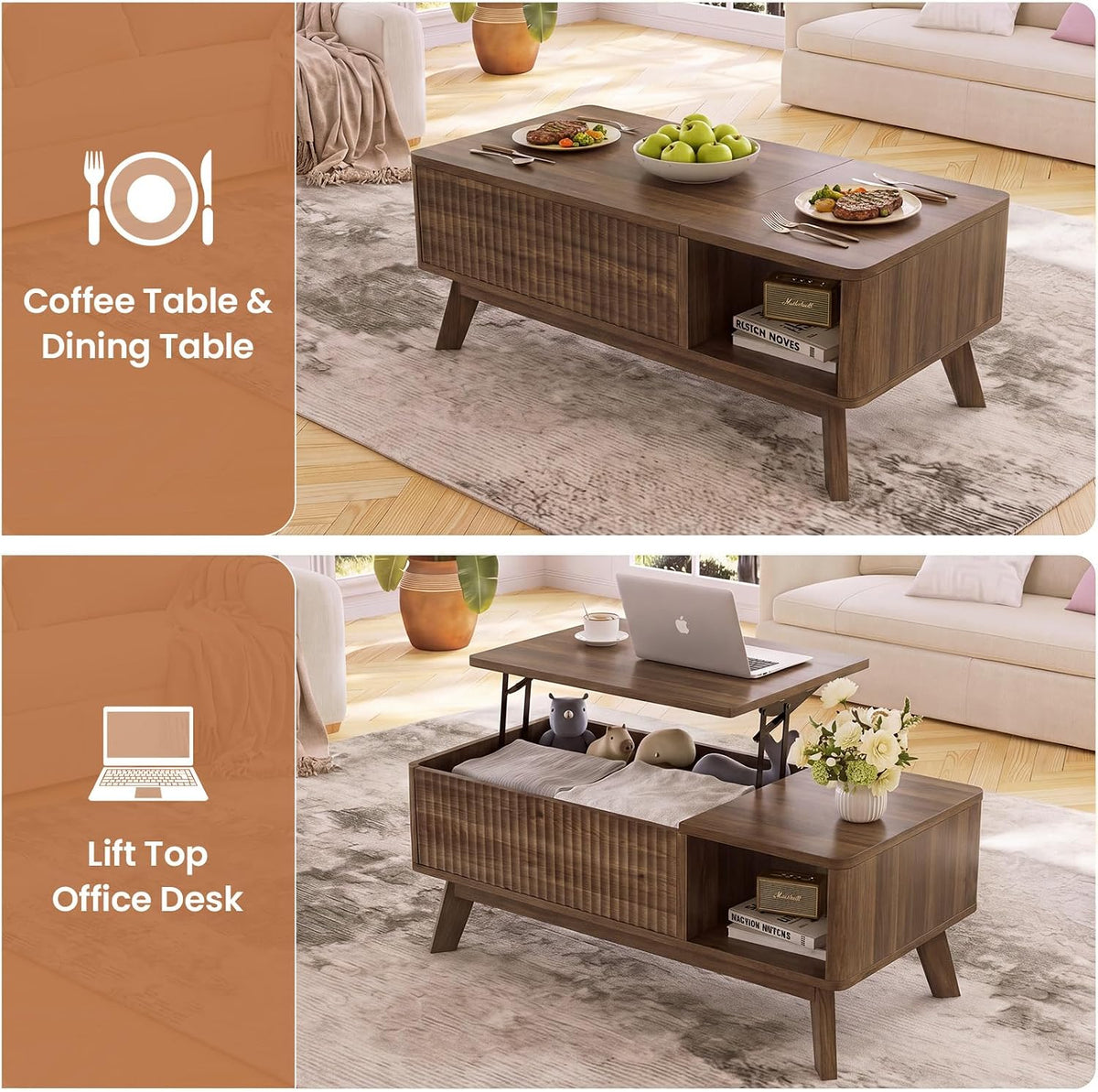 Lift Top Coffee Table, Fluted Hidden Storage Table for Living Room, Walnut