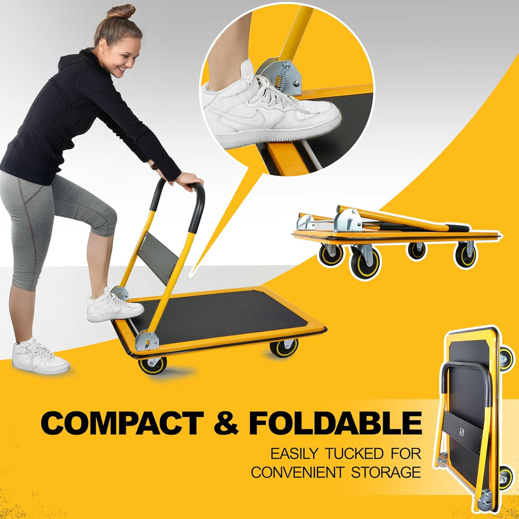 Wellmax Push Cart Dolly, Foldable Moving Platform Flat Cart, 330 lb, Yellow