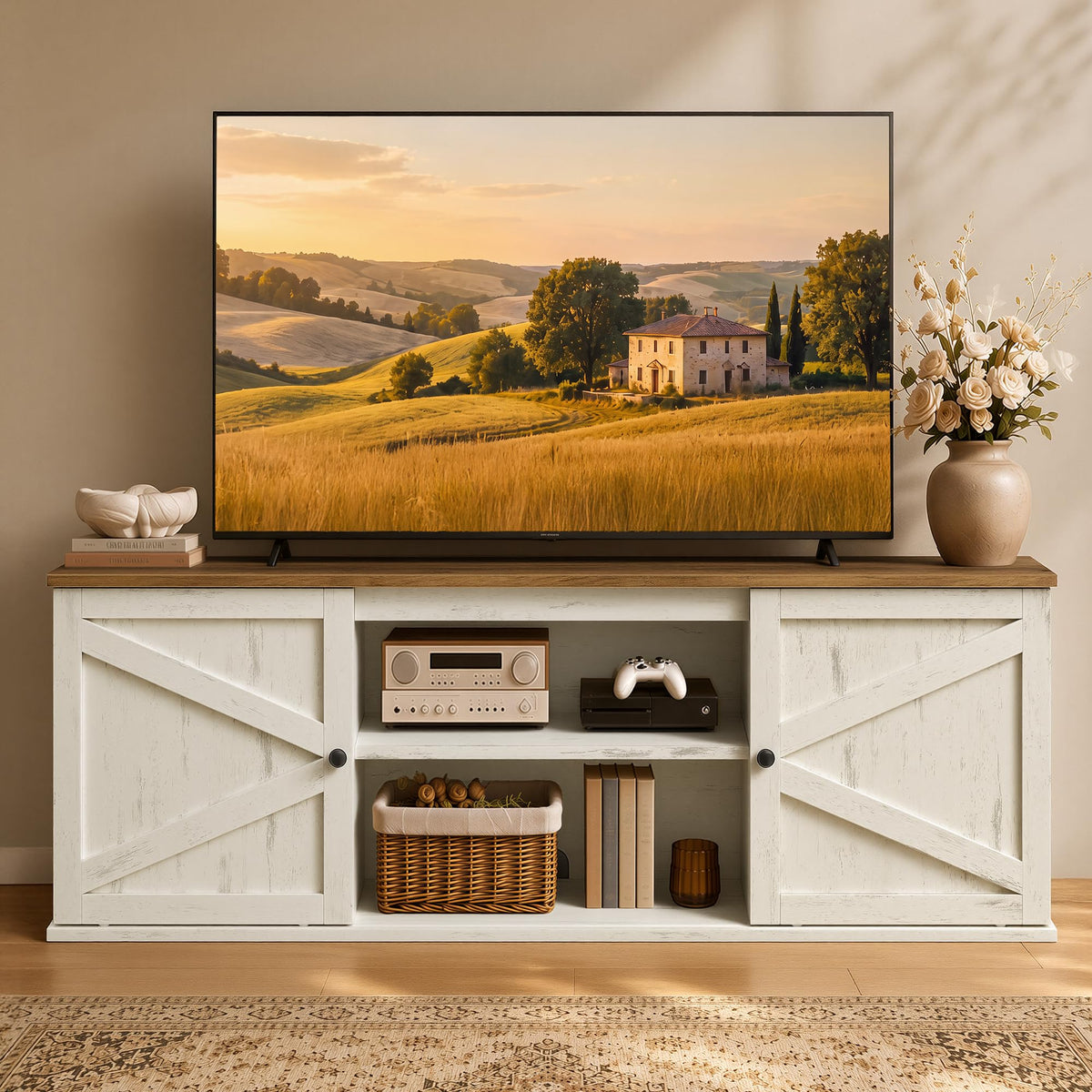 VASAGLE Farmhouse TV Stand for 65'' TV, Media Console, Sliding Barn Doors