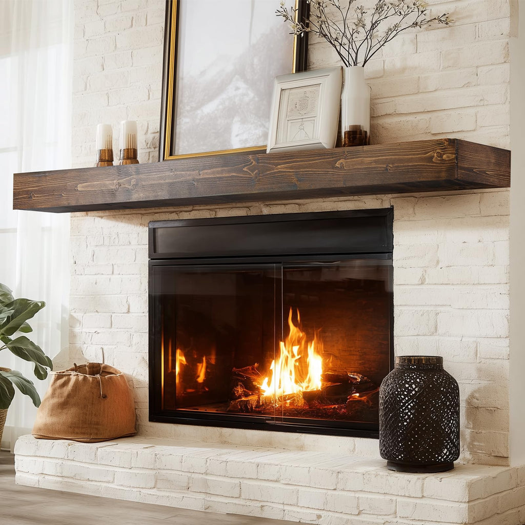 60x8x3in Rustic Fireplace Mantel Pine Wood, Weathered Brown