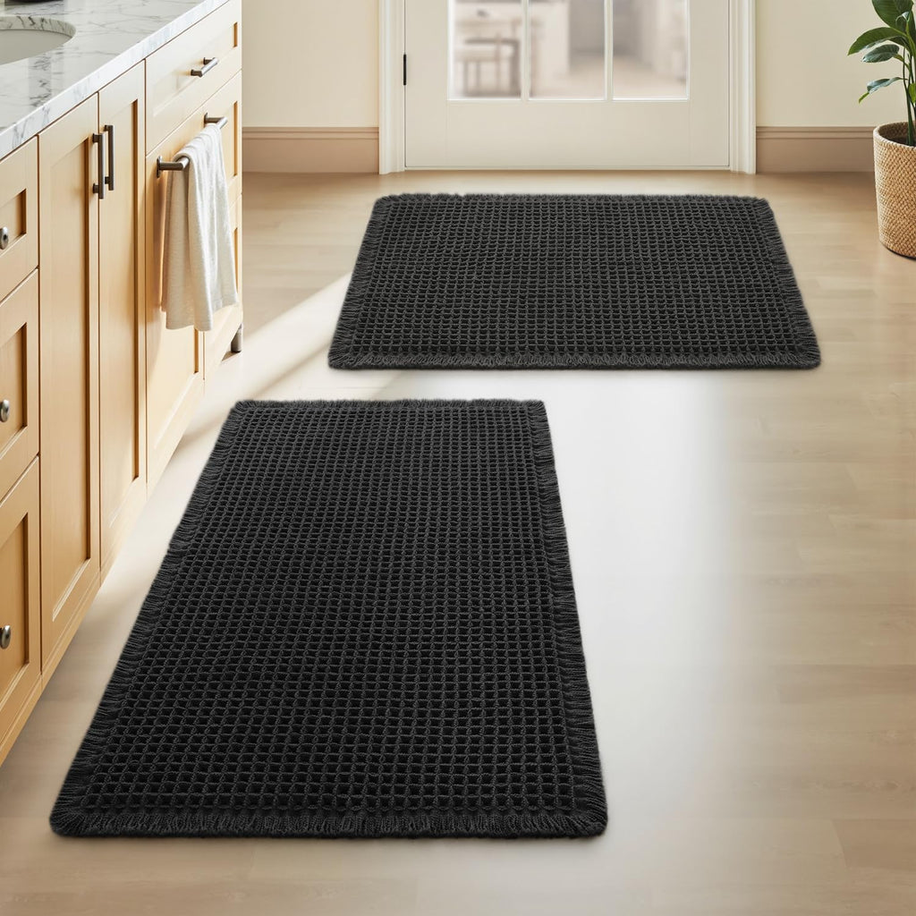 Upgraded Waffle Bath Mat Set of 2 Absorbent Bathroom Mat 18"x30" + 24"x48"