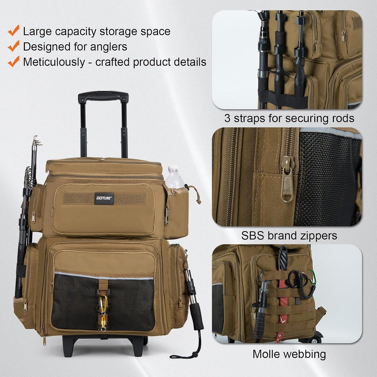 Goture 66L Rolling Tackle Box w/Cooler, Khaki Large Fishing Bag w/Wheels