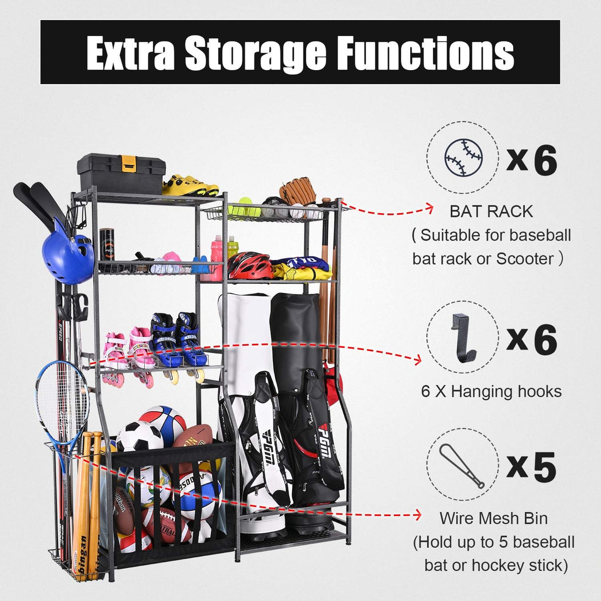 Mythinglogic Sports Equipment Organizer for Garage with Golf Bag Storage