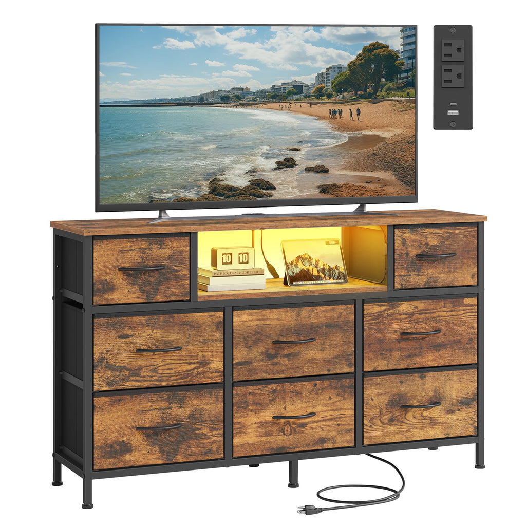 SONGMICS Dresser for Bedroom with Outlets & LED Lights, 8 Fabric Drawers