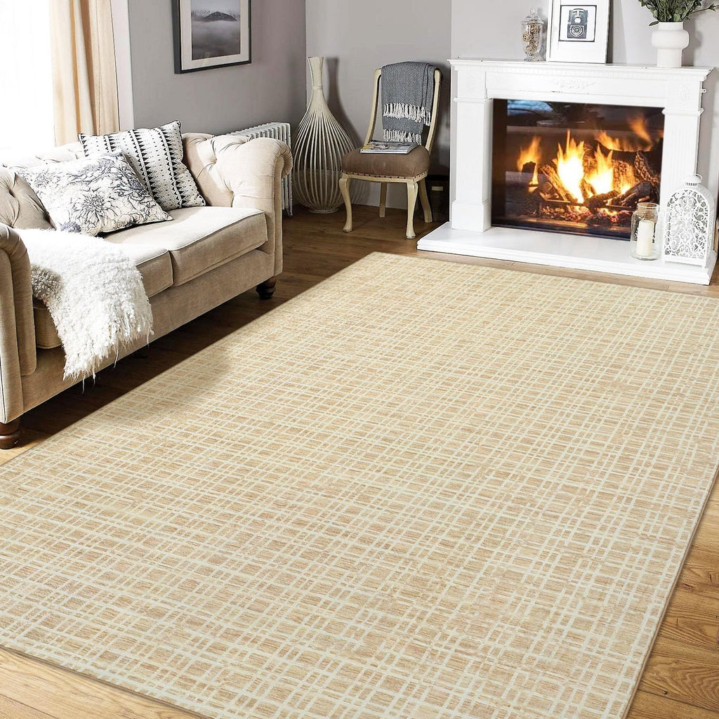 Modern Washable 8x10 Area Rug - Soft, Non-Slip, Stain Resistant, Farmhouse Tartan Plaid for Living Room, Bedroom, Nursery, Office - Beige