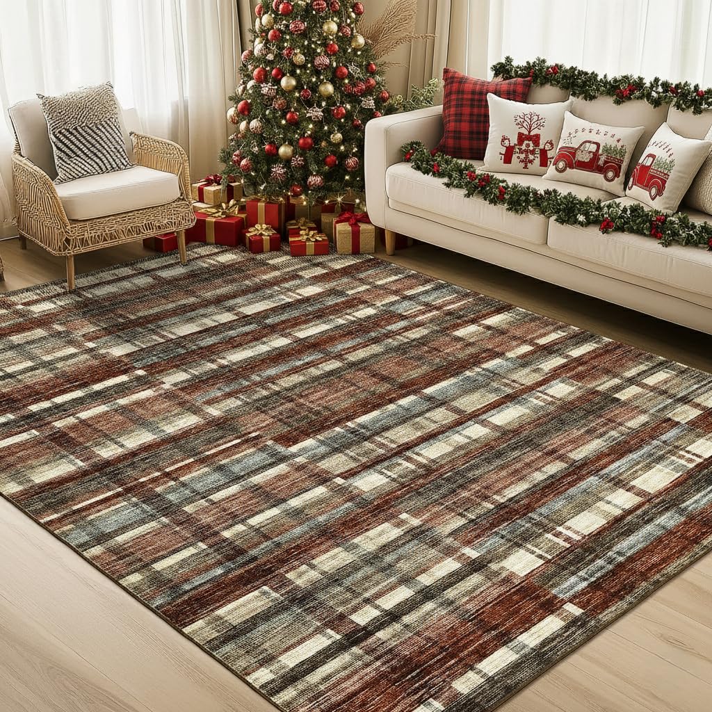 Modern Washable 8x10 Area Rug - Soft, Non-Slip, Stain Resistant, Farmhouse Tartan Plaid for Living Room, Bedroom, Nursery, Office - Beige
