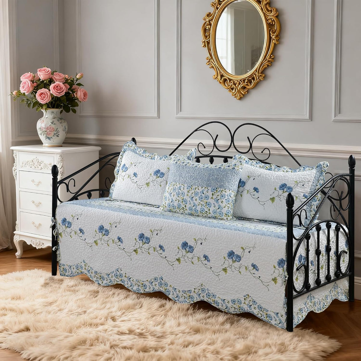HESTIN 4Pcs Sky Blue Scallop Daybed Cover Set 75"x39" Petunia Embroidery