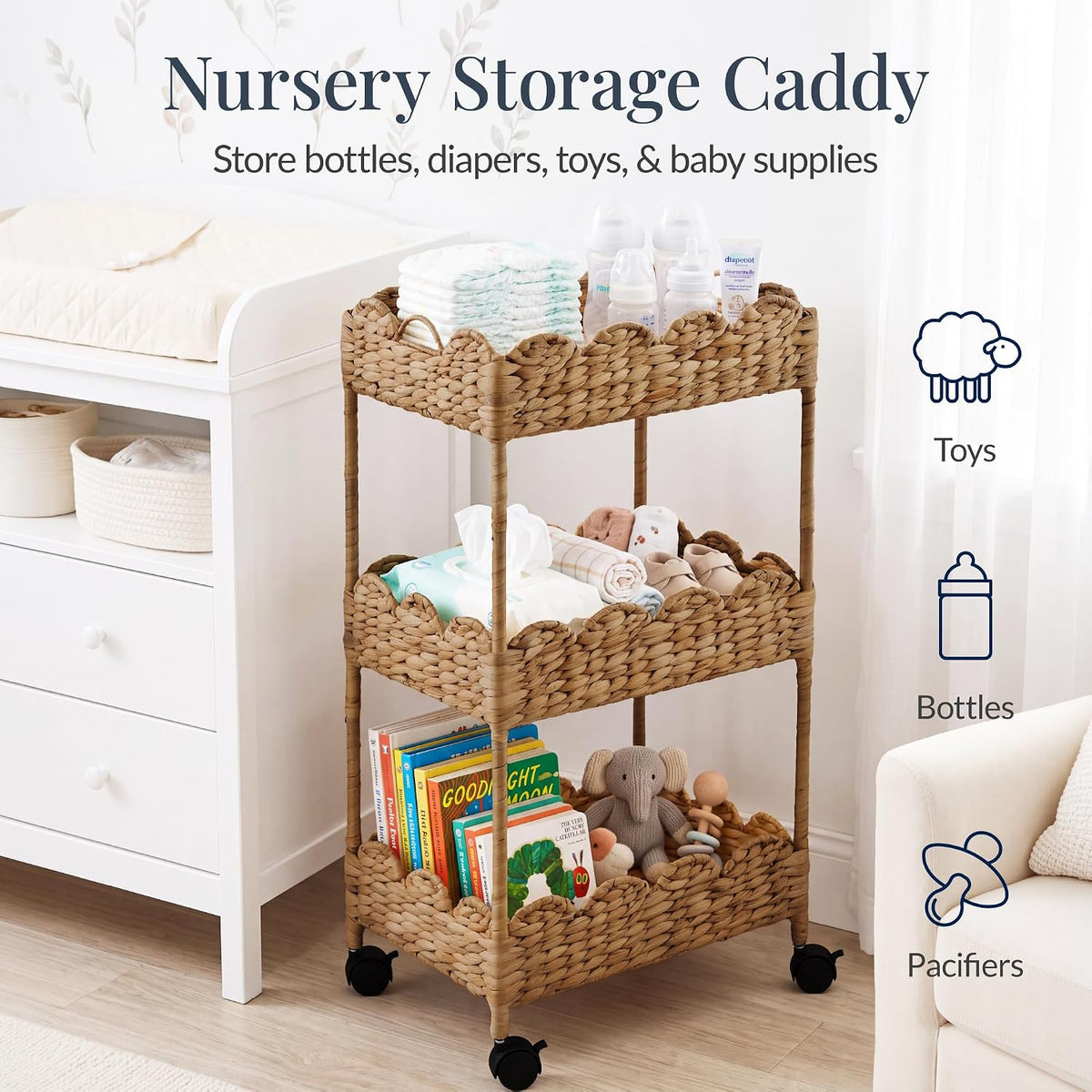 Best Choice Products 3-Tier Scalloped Nursery Caddy w/Wheels, Handwoven Utility Cart, Storage Organization for Bathroom, Craft Room, Laundry Room - Chestnut