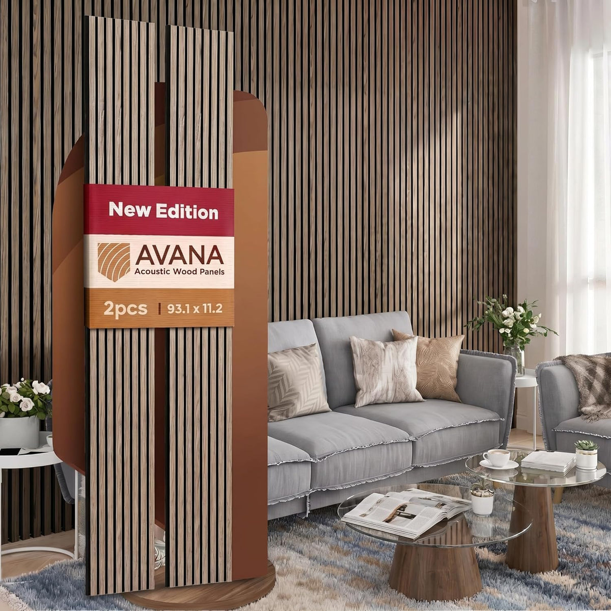 Avana Acoustic Wood Wall Panels – 93.2x11.25 Inch Panels – Fits 94x12 Layout – Rustic Walnut Acoustic Panels 4 PCs –Wall Panels For Interior Wall Decor For Homes, Offices – Durable Wood Panel For Wall
