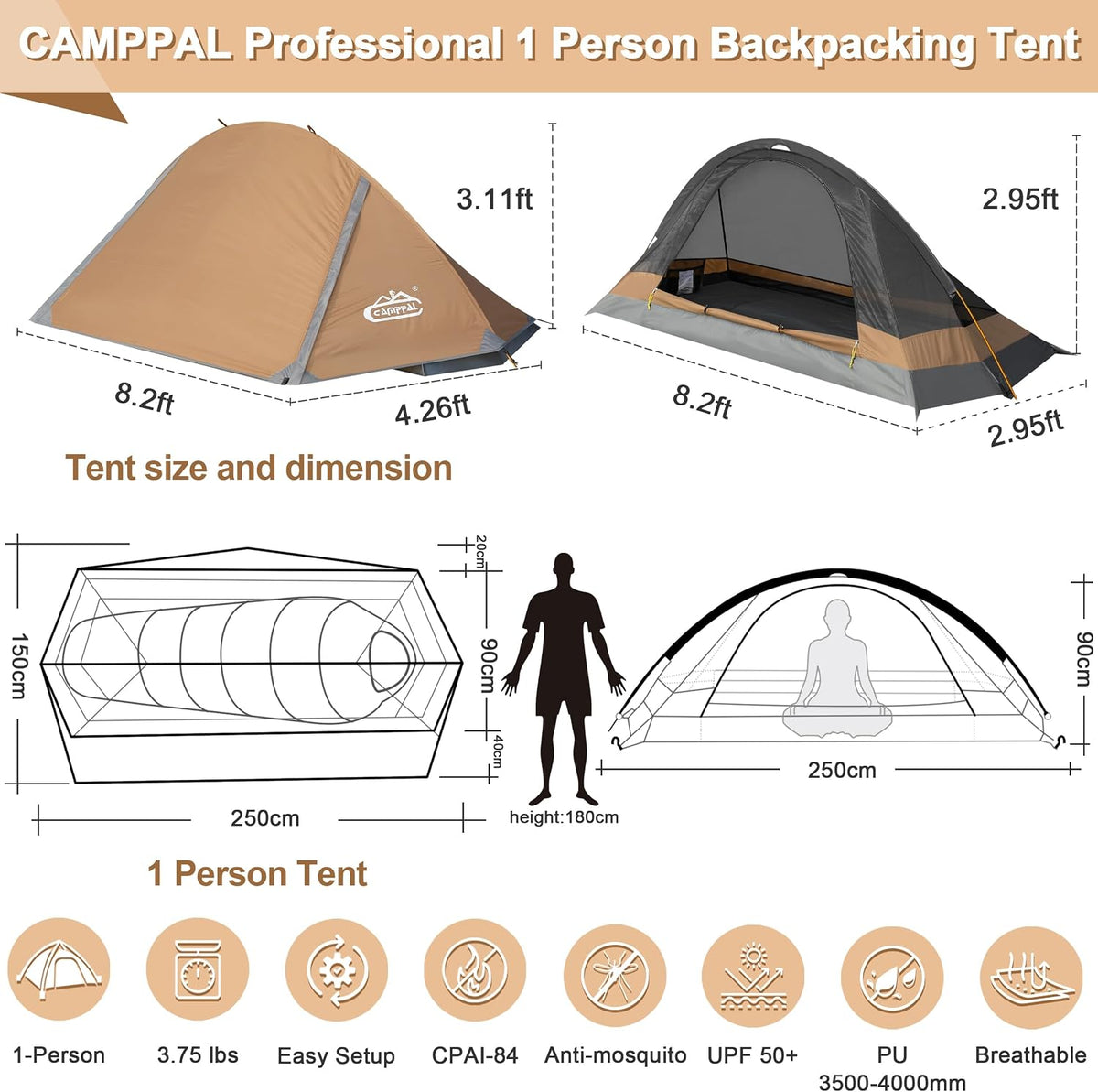 camppal 1 Person Tent for Camping Hiking Mountain Hunting Backpacking Tents 4 Season Resistance to Windproof Rainproof and Waterproof