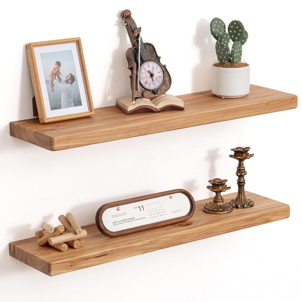 Floating Shelves for Wall, Solid Elm Wood Shelves, 24in Set of 2, Natural