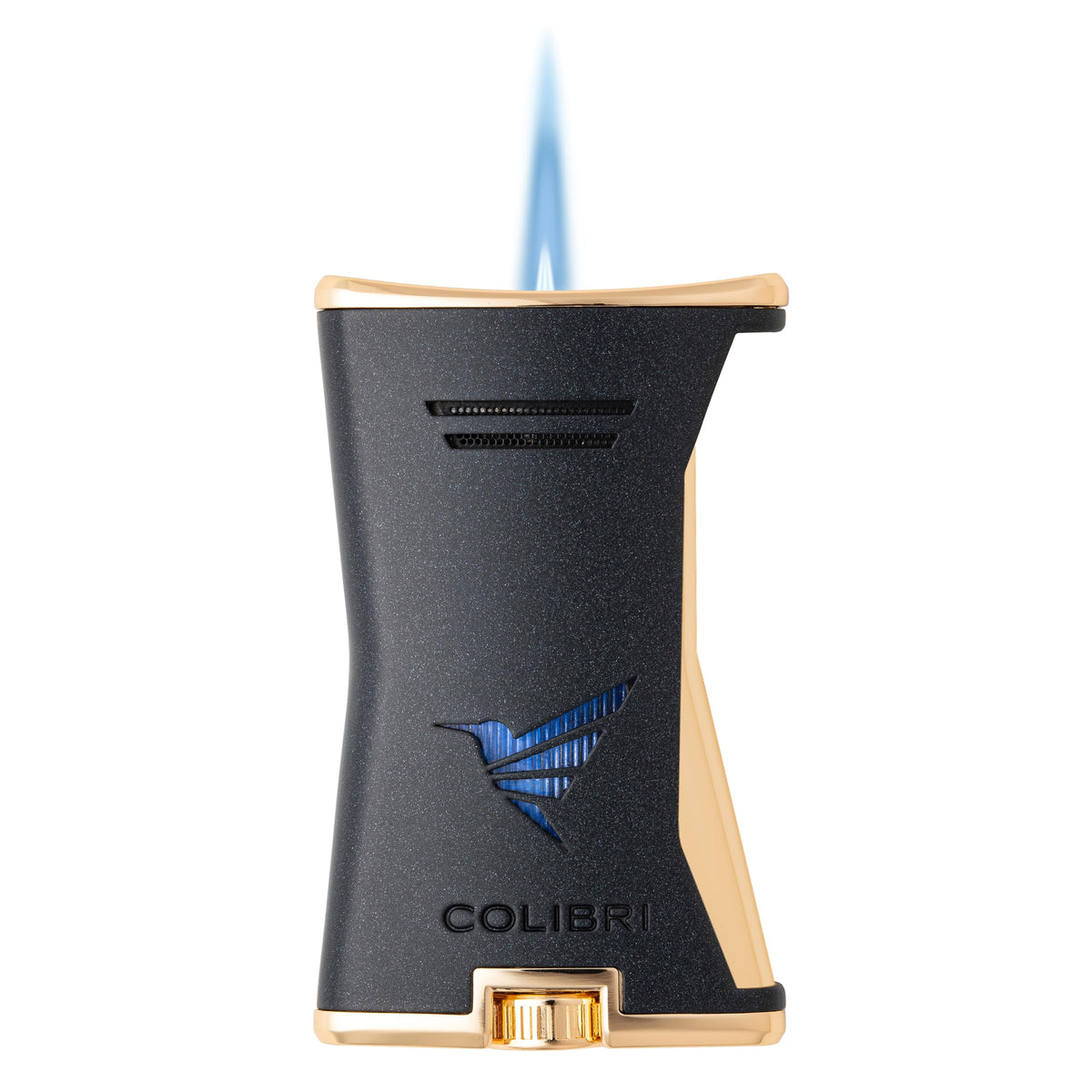 Colibri Premium Slim Torch Lighter - Windproof & Refillable, Cigar Enthusiast's Choice with Blue Fuel Window and Adjustable Flame (Black + Black) - Shipped Empty - no Butane.