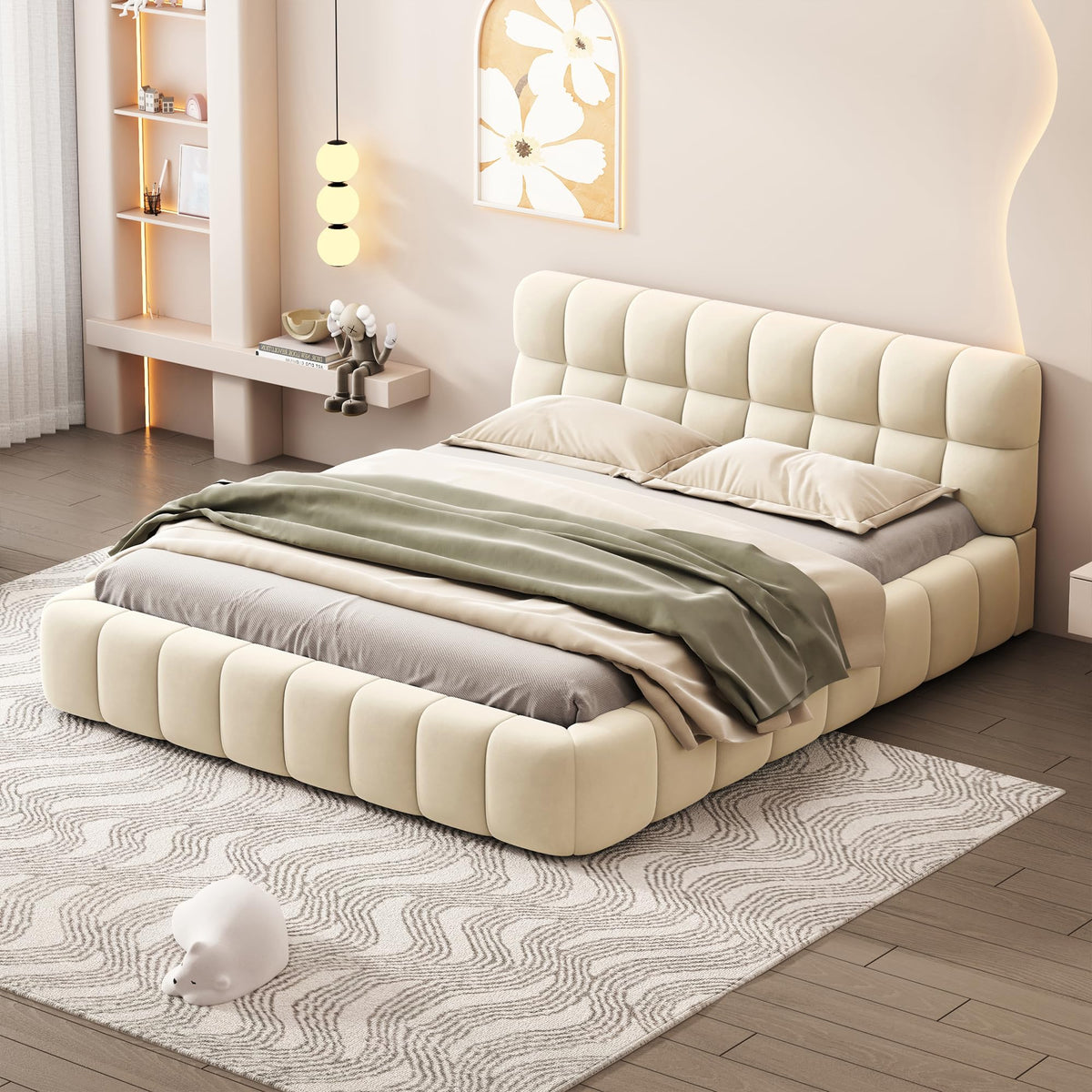 Grounded Bed Upholstered Platform Bed with Unique Design Thick Fabric Headboard, Wood Platform Bed Frame for Kids Adults Bedroom Furniture, Upholstered Floor Bed (Beige-11, Queen)