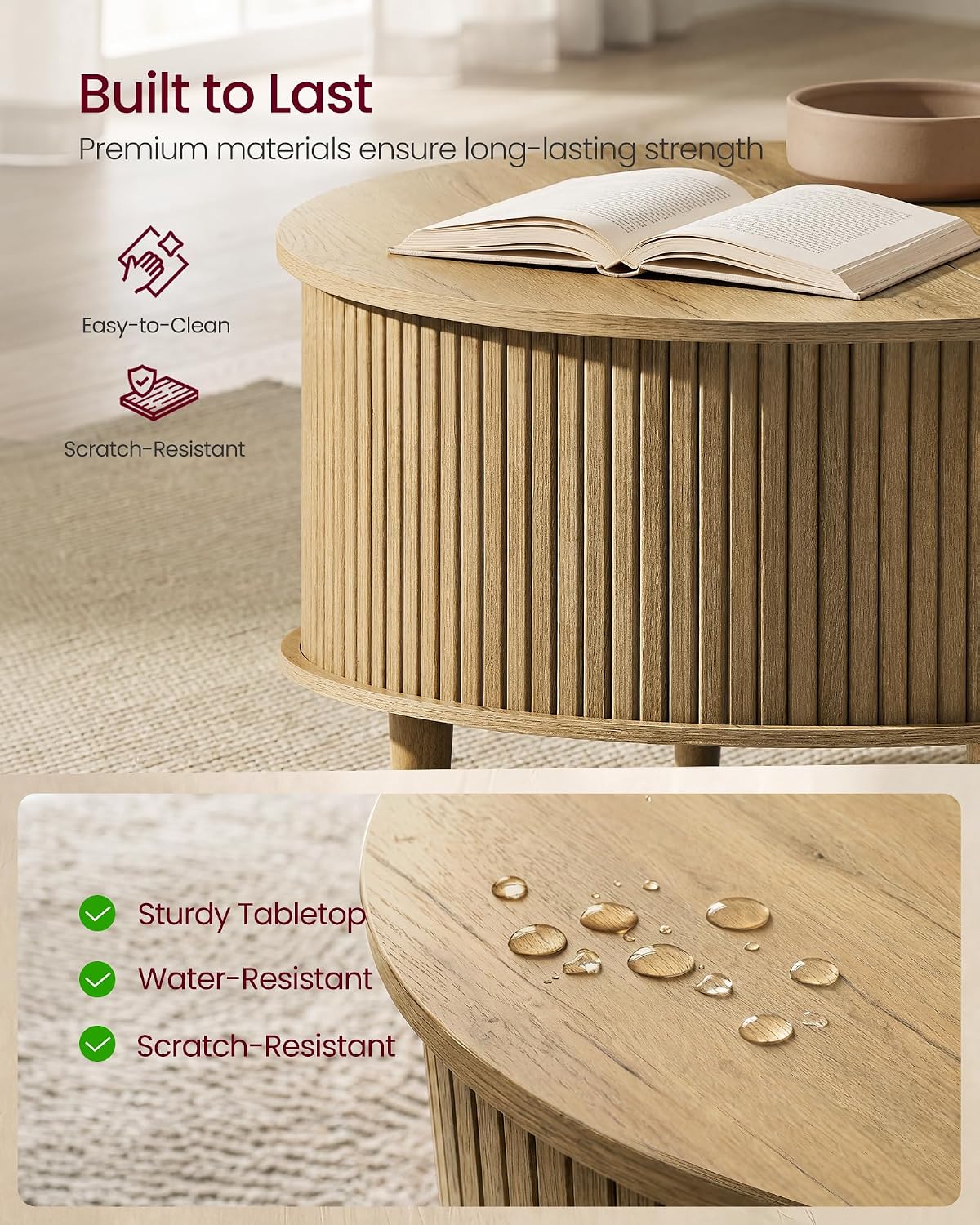VASAGLE Round Coffee Table, Lift Top Coffee Table with Tambour Sliding Door