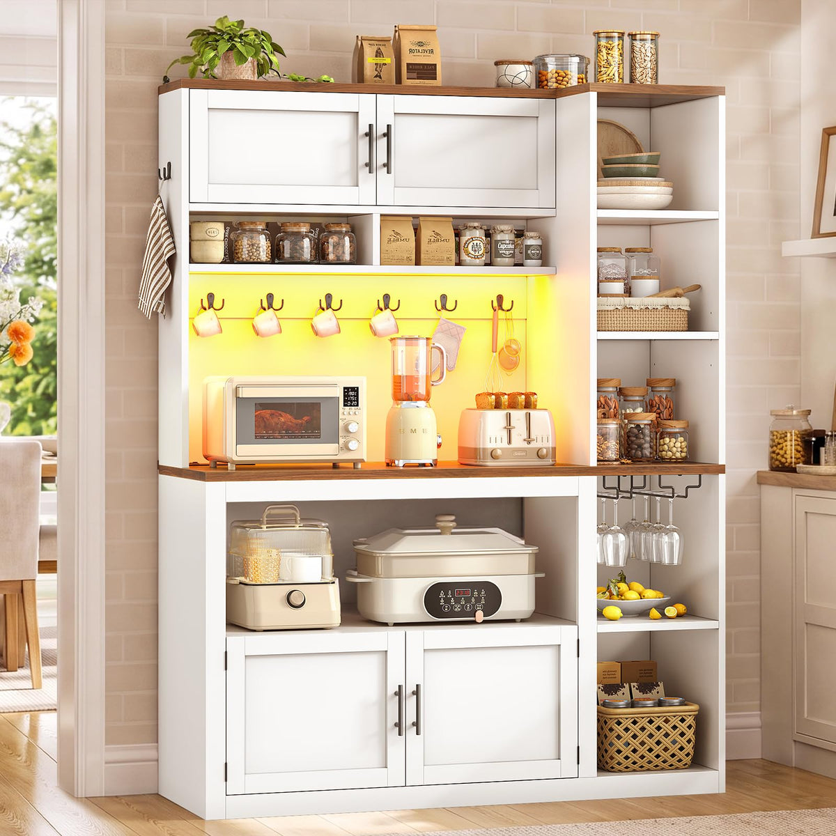 Itaar 35.4 inch Coffee Bar Cabinet, Bakers Rack with Power Outlet and Storage, Farmhouse Microwave Stand Kitchen Cabinet with Hutch, LED Lights, Wine Glass Holder and 8 Hooks, Black