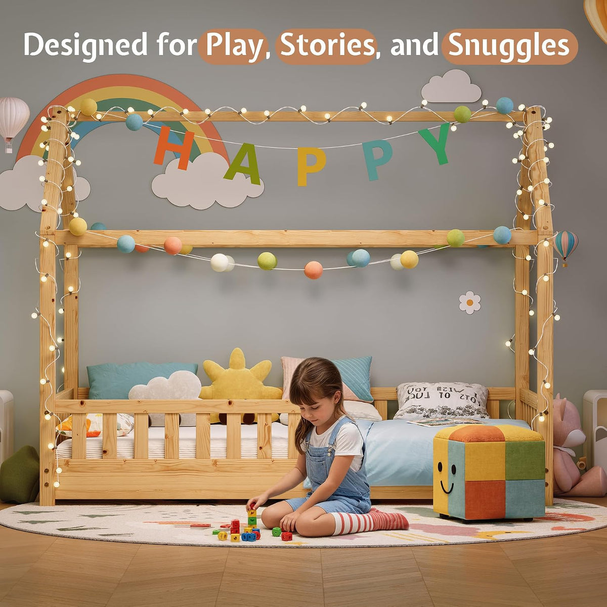 Jocisland Twin Size House Bed for Kids with Guardrails, Natural Wood