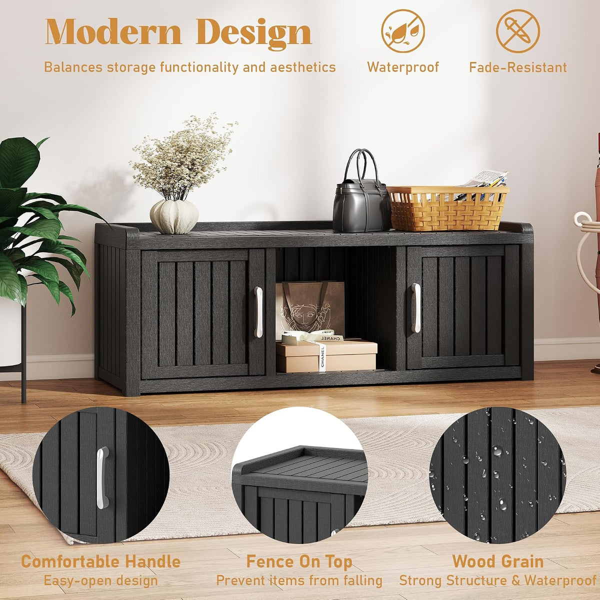 2-Tier Storage Bench, Waterproof UV-Resistant Outdoor Shoe Storage Cabinet with 2 Doors & Adjustable Shelves for Indoor Outdoor Entryway, Hallway, Living Room(Black)