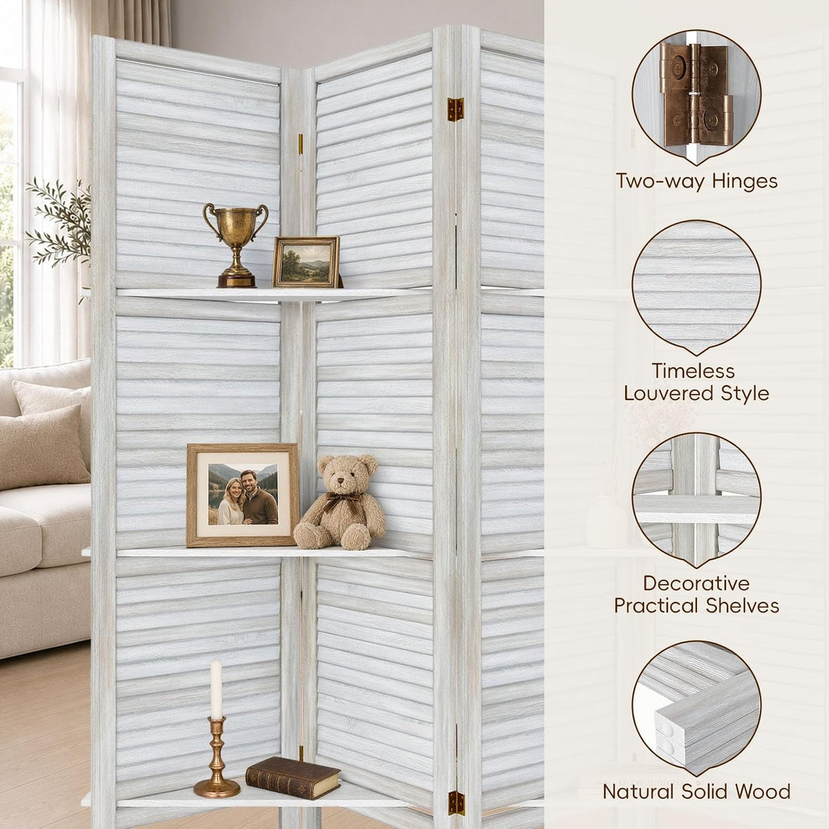 TEAKMAMA Room Divider, Room Divider with Shelves, 4 Panel,Distressed White