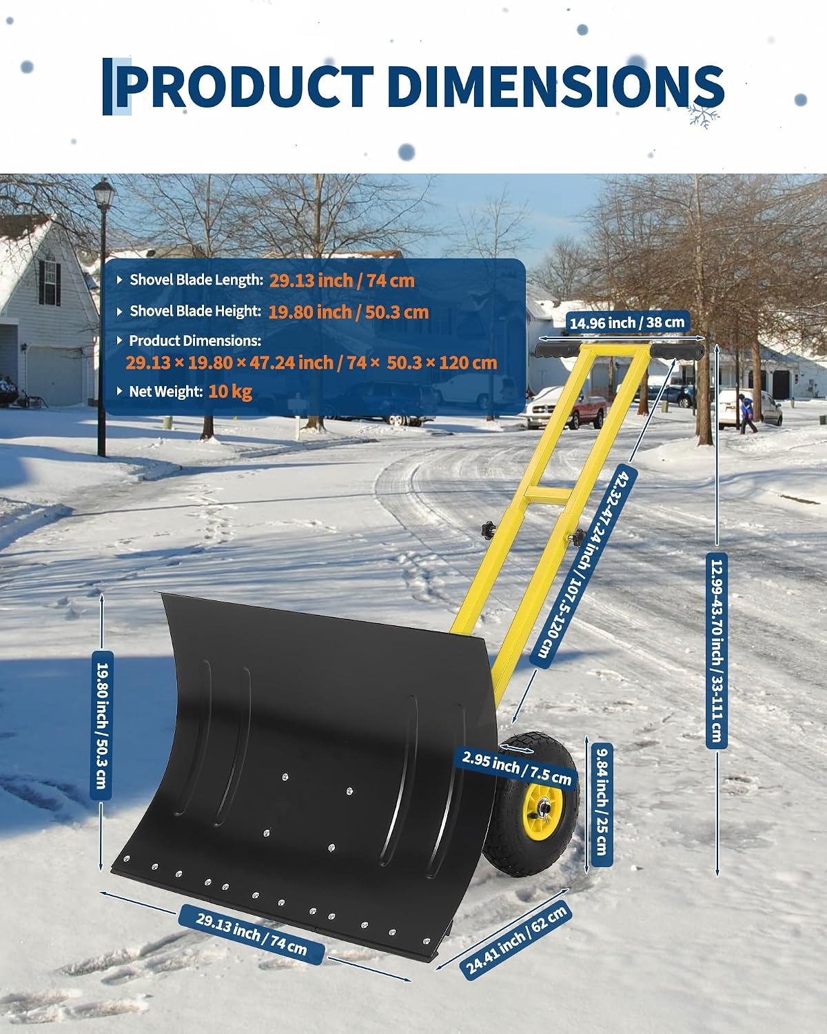 Snow Shovel with Wheels for Driveway, 29" W X 19.8" H Heavy Duty Double Rod