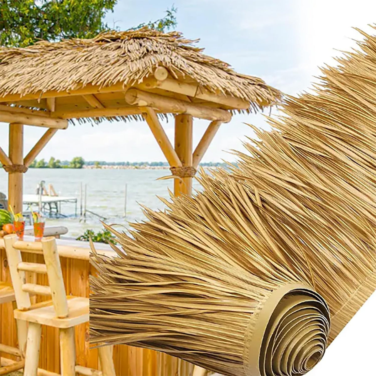 LIUNI Artificial thatch Roofing roll Garden Tiki bar Straw roof thatch roll Artificial Palm roof Leaves for Fencing decking Patio Umbrella Fence Party Decoration(Size:10m/32.8f,Color:Yellow)
