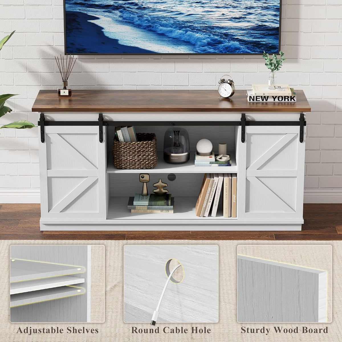 YESHOMY 58" Farmhouse TV Stand for TVs up to 65", Sliding Barn Doors, White