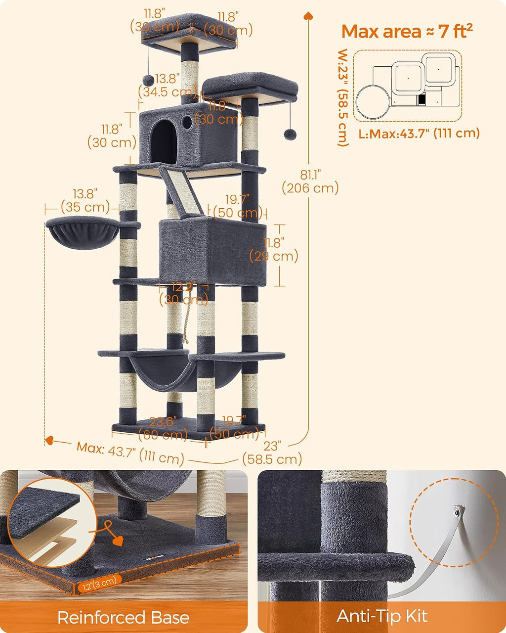 Feandrea Cat Tree, 81.1-Inch Large Cat Tower, Multi-Level Condo, Smoky Gray