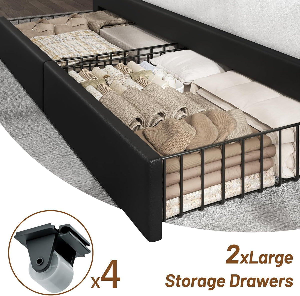 CypBed King Size Bed Frame with Headboard & 4-Storage Drawers, Upholstered