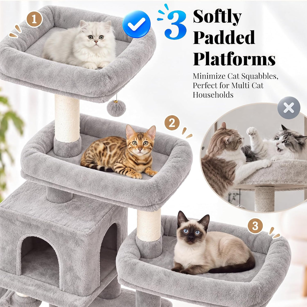 Hey-brother Cat Tree Tower with Stable Extended Base, 3 Platforms, MPJ038W