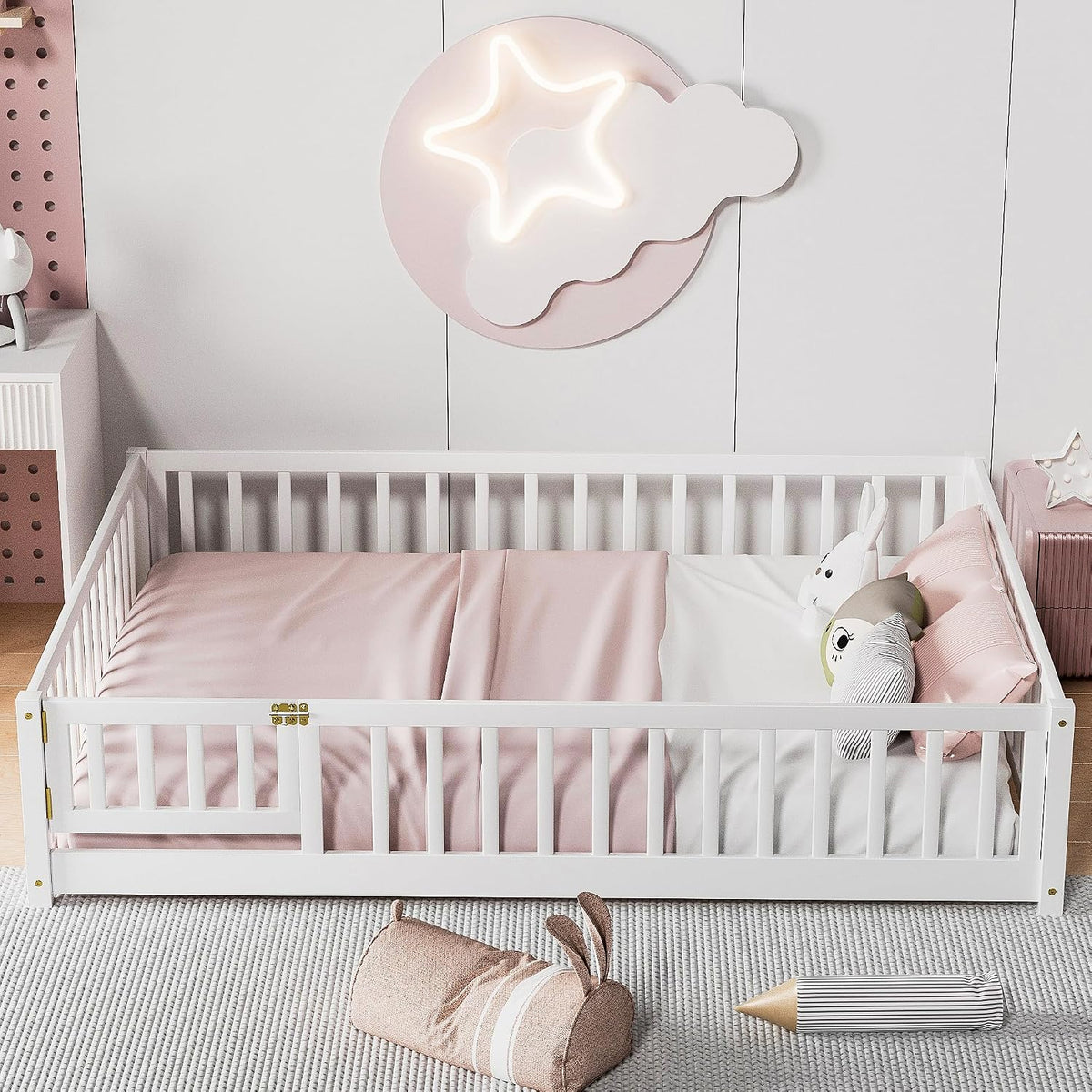 i-POOK Full Size Floor Bed for Children, Solid Wood Montessori Bed Frame with Fence & Door Montessori Floor Bed with Safety Guardrails for Girls and Boys, White (with Bed Slats)