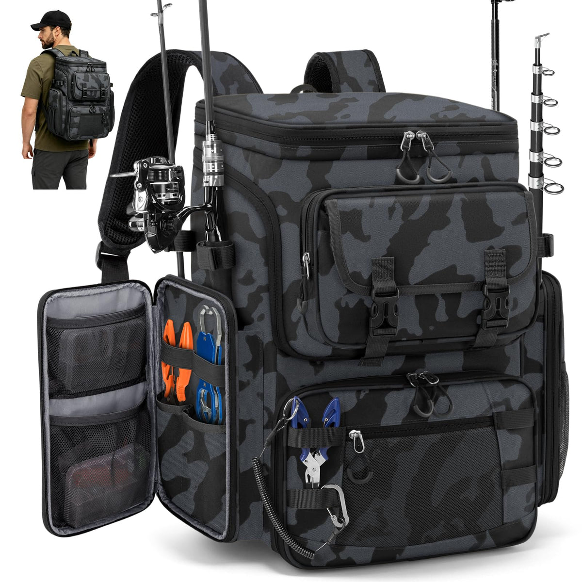 RAINSMORE Fishing Backpack, 45L Large Water-resistant Fishing Tackle Bag
