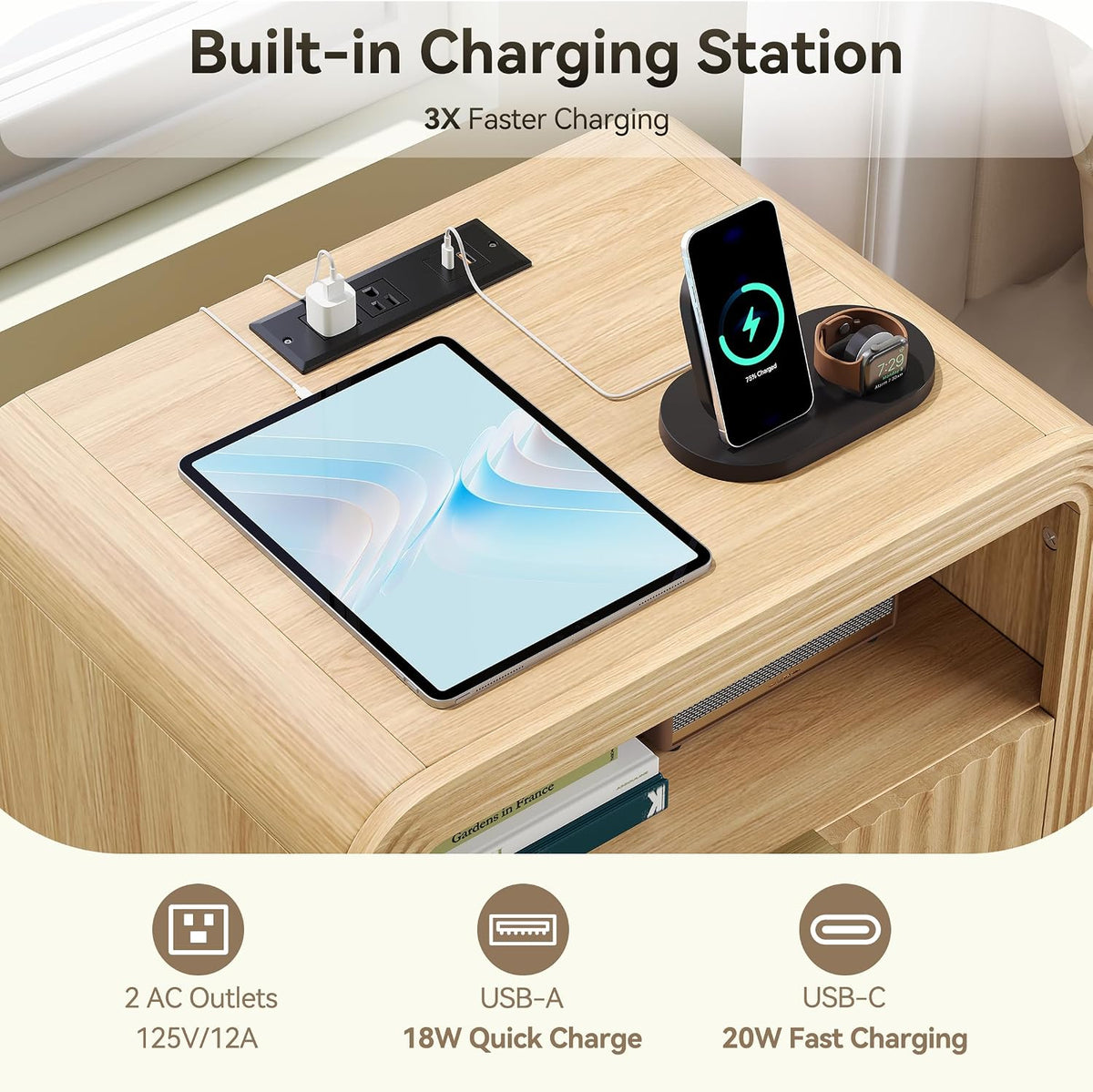 Decofy Fluted Nightstand Set of 2 with Charging Station, 2 Drawers, Oak
