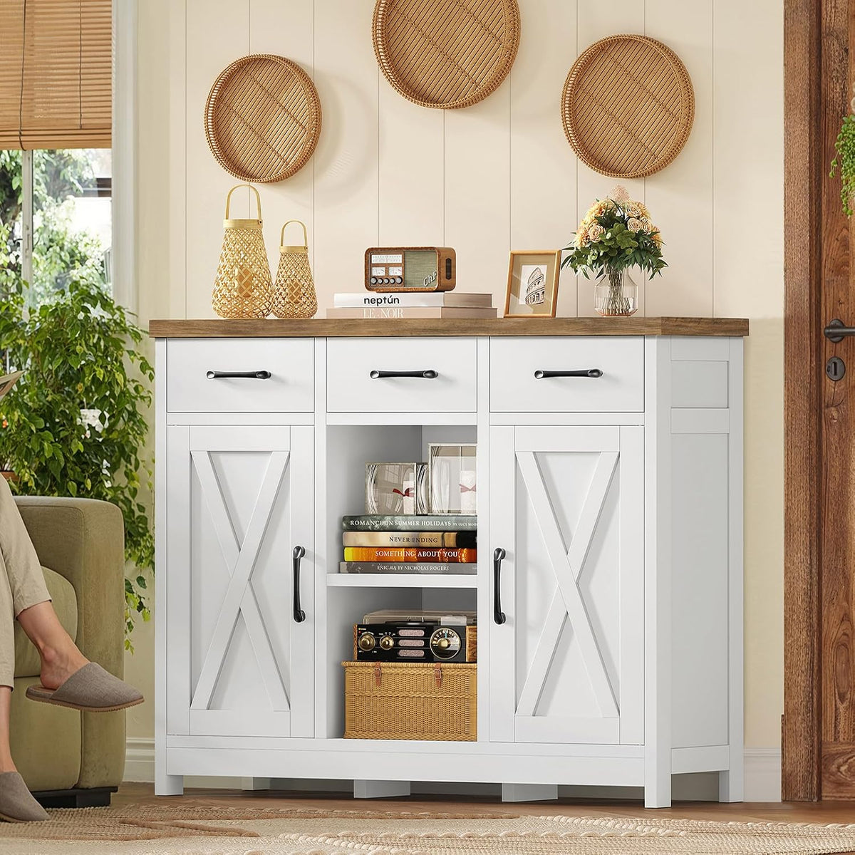 TEENFON Storage Cabinet, Coffee Bar Cabinet with 3 Drawers, 2 Adjustable Shelves & 2 Doors, Buffet Cabinet, Kitchen Cabinet for Kitchen, Dining Room, Living Room, White