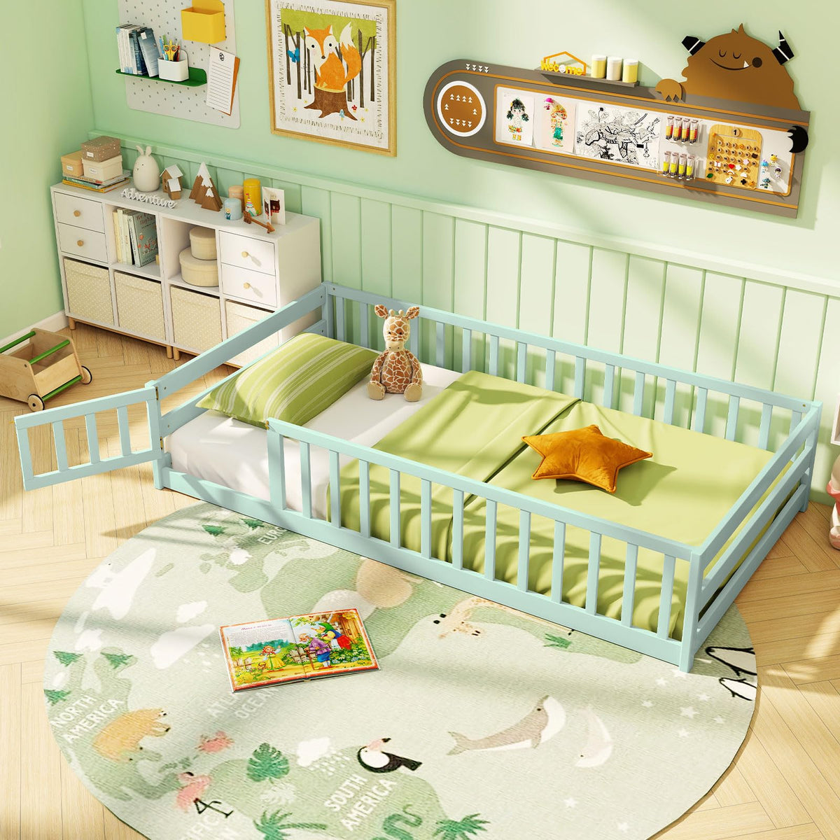 GIANTEX Full Size Floor Bed for Kids, Low Montessori Bed with Wood Slats & Safety Guardrails, Solid Wood Full Floor Beds with Fence and Door for Kids Boys Girls, White