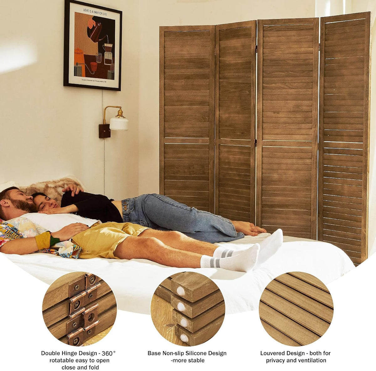 Room Dividers and Folding Privacy Screens, Wood Louvered Separators Divider Wall for Home Office Bedroom - 4 Panels, 63 * 67inch (Brown)