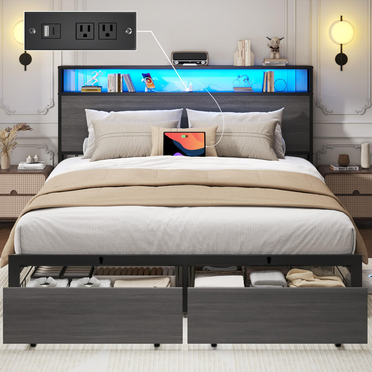 Queen Bed Frame with Charging Station, LED Lights, 2 Drawers, Rustic Grey