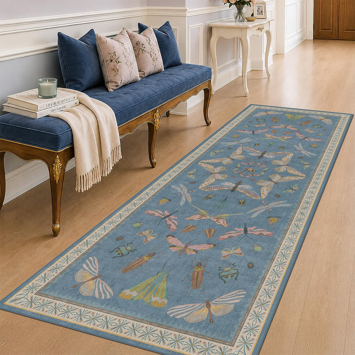 Hazo Haus Dark Green Insect Area Rugs 8x10 for Living Room, Dining Room Under Table, Bedroom, Unique Washable Floral Non Slip Low Pile Soft Rug