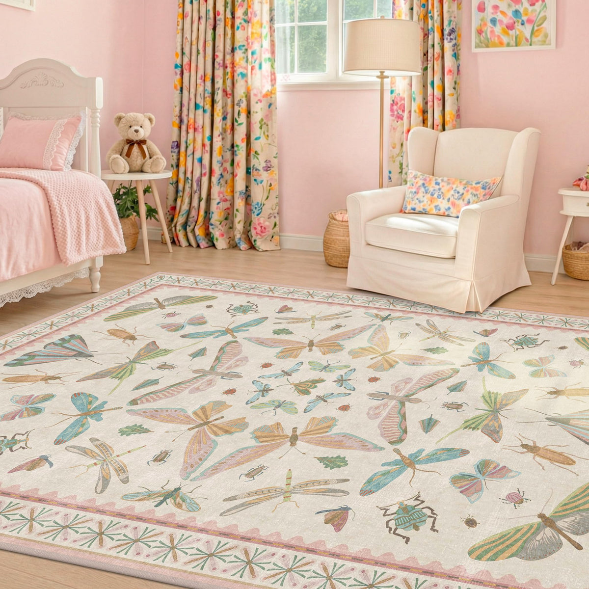 Hazo Haus Dark Green Insect Area Rugs 8x10 for Living Room, Dining Room Under Table, Bedroom, Unique Washable Floral Non Slip Low Pile Soft Rug