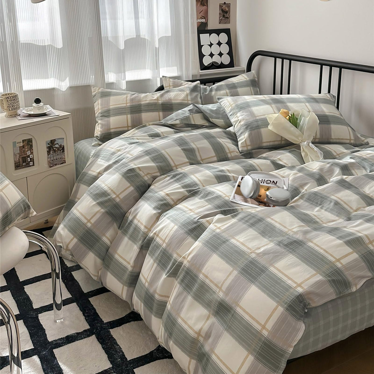 EAVD Vintage Buffalo Plaid Duvet Cover Queen Red&Black&Green Muslin Cotton