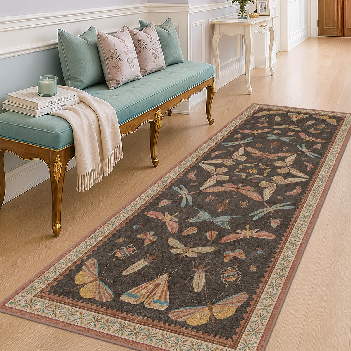 Hazo Haus Dark Green Insect Area Rugs 8x10 for Living Room, Dining Room Under Table, Bedroom, Unique Washable Floral Non Slip Low Pile Soft Rug