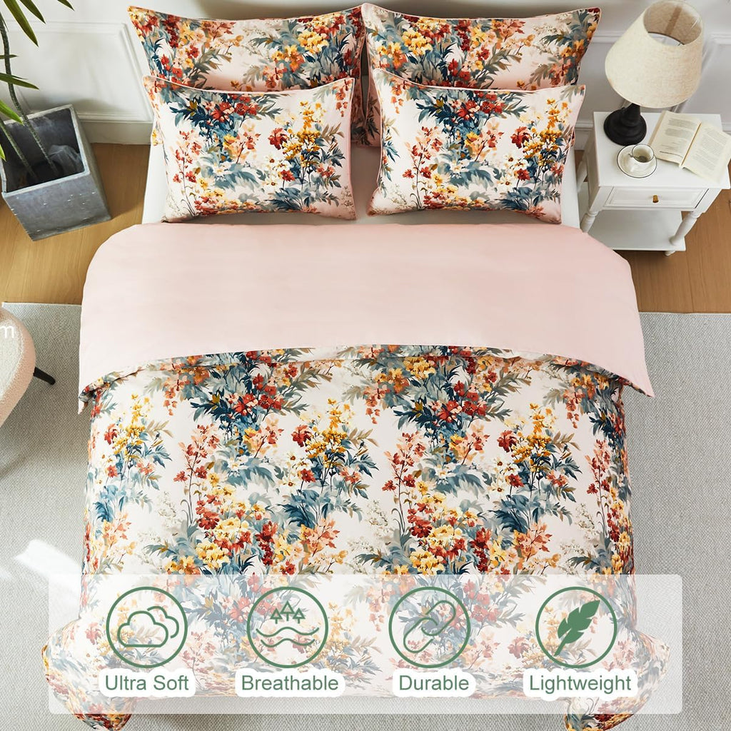 URBONUR 100% Cotton Floral Queen Duvet Cover Set 3-Pieces Botanical Bedding