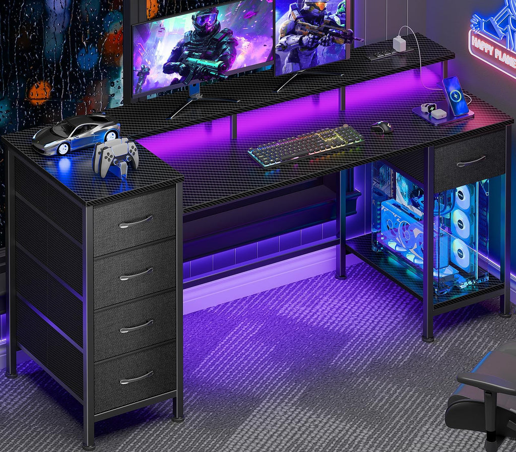 Korfile 47 Inch Gaming Computer Desk with Power Outlets,LED,5 Drawers,Black