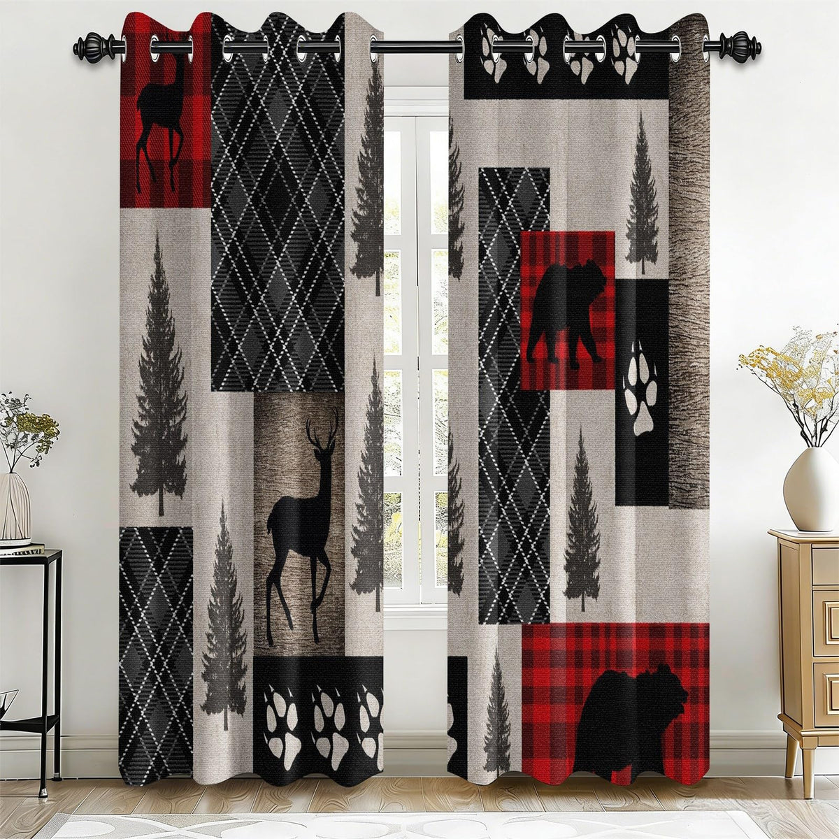Rustic Woodland Blackout Curtains 108 Inch Long 2 Panels, Buffalo Plaid Patchwork Wildlife Bear Deer Silhouette Pine Grommet Drapes, Thermal Insulated Window Treatments for Living Room