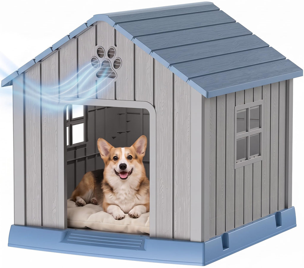 35 Inch Dog House Outdoor with Windows,Indoor/Outdoor,Blue