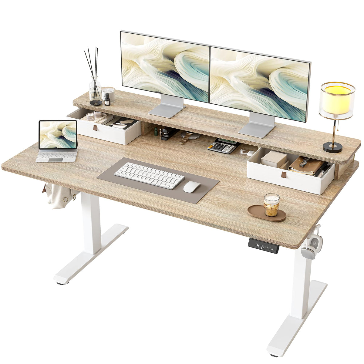 TIQLAB Standing Desk with Two Drawers, Stand Up Standing Desk Adjustable Height, Electric Sit Stand Table with Storage Shelf and Splice Board, with LED Light, 55 * 28 inch, Maple