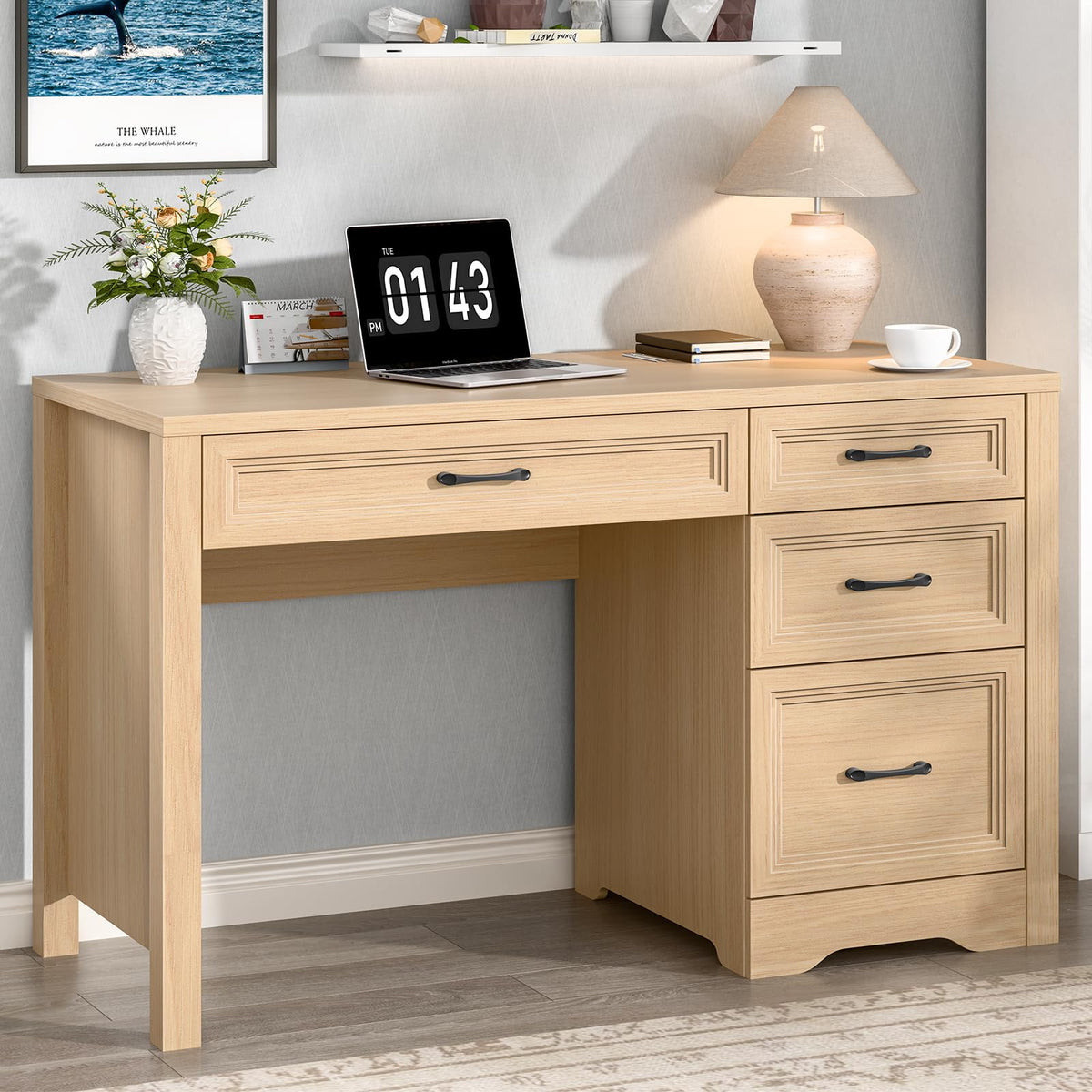 Vabches Farmhouse Executive Desk with Storage and Ample File Drawer, Rustic Large Home Writing Desk for Bedroom, White