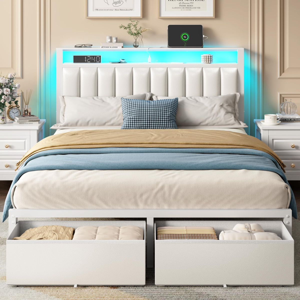 Furnulem Queen Bed Frame with Storage Drawers and Upholstered Headboard