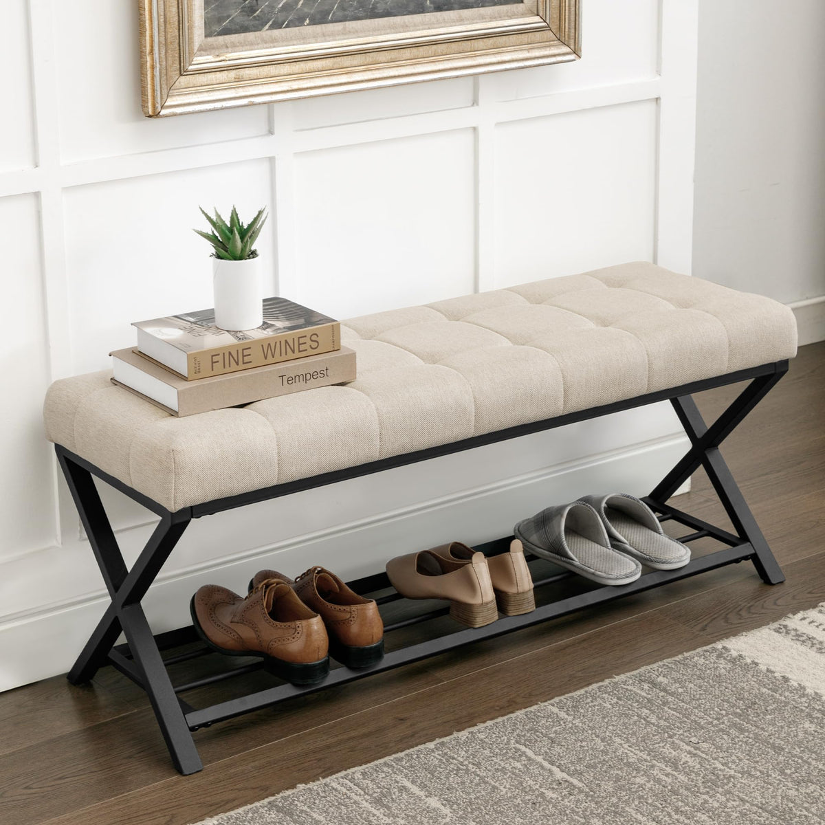 LUE BONA 44.5” End of Bed Bench with Shelf, Linen Tufted Upholstered Storage Shoe Bench, Modern Bedroom Bench with Metal Legs for Living Room, Entryway, Dining Room, 300 LB, Yellowish Brown