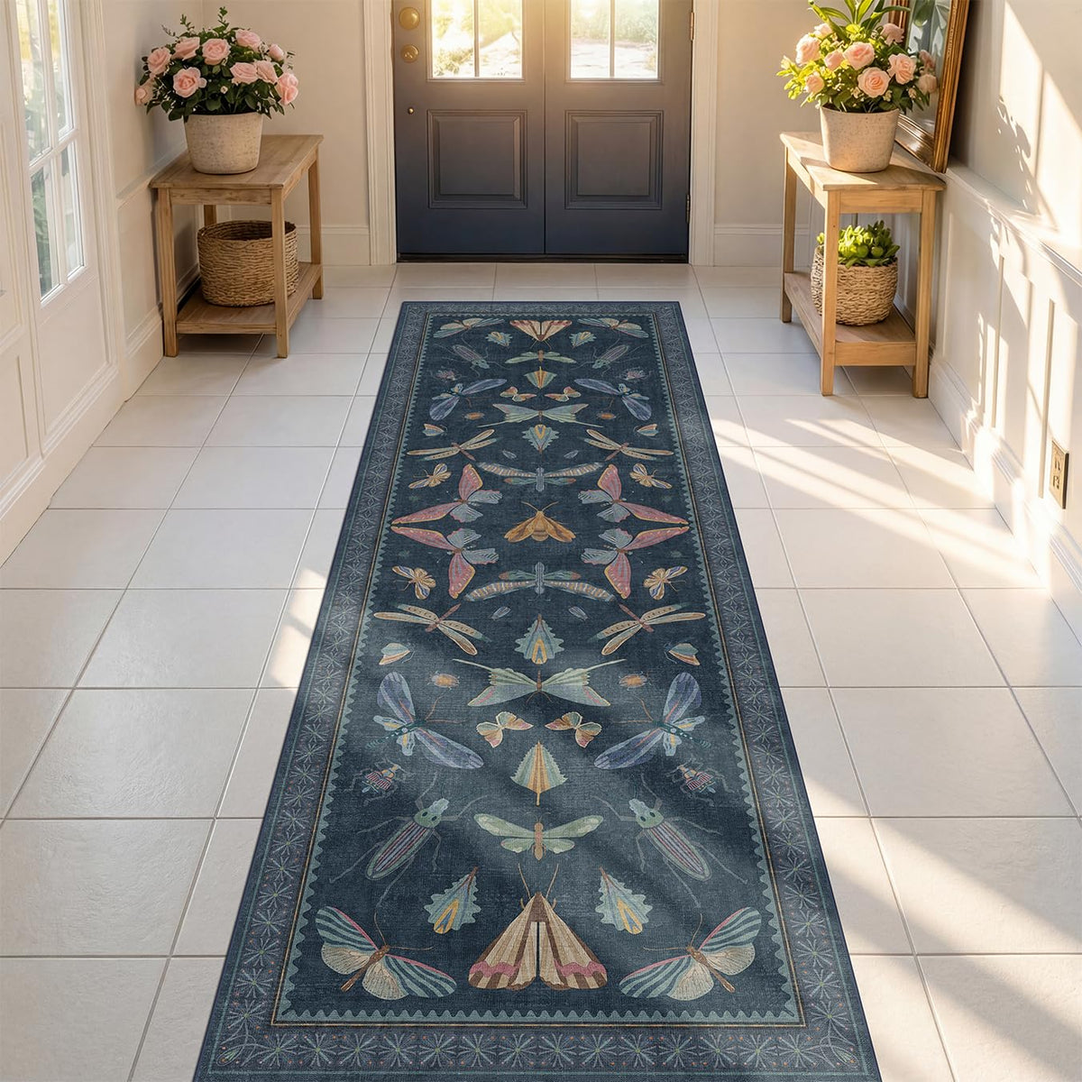 Hazo Haus Dark Green Insect Area Rugs 8x10 for Living Room, Dining Room Under Table, Bedroom, Unique Washable Floral Non Slip Low Pile Soft Rug