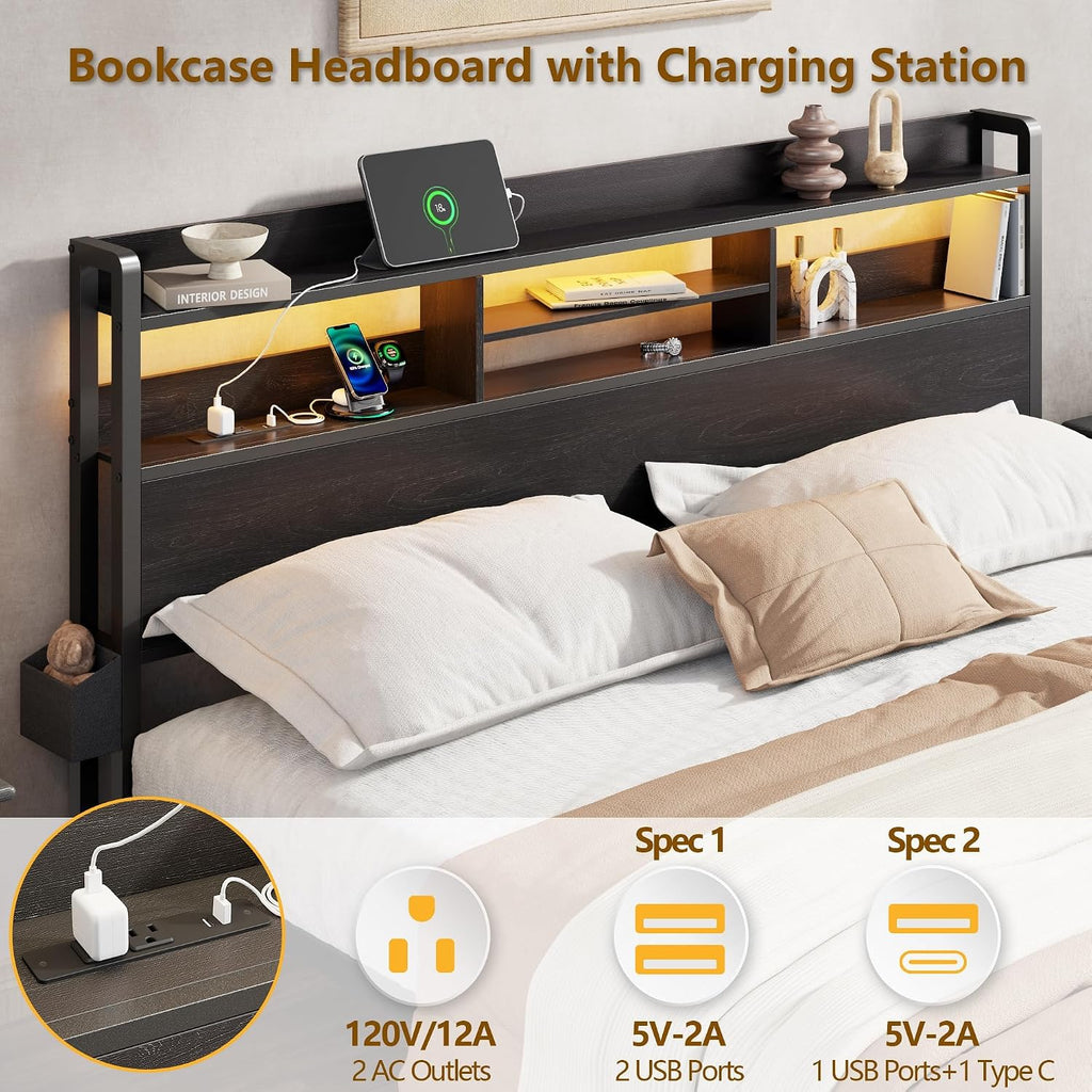 Furnulem Full Size Bed Frame with Headboard and Charging Station,2 Drawers