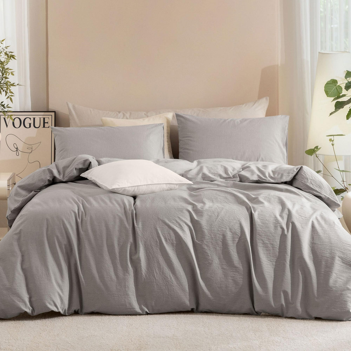 JIYUAN Queen Washed Cotton Duvet Cover Set, 3-Piece, Relaxed Linen Feel